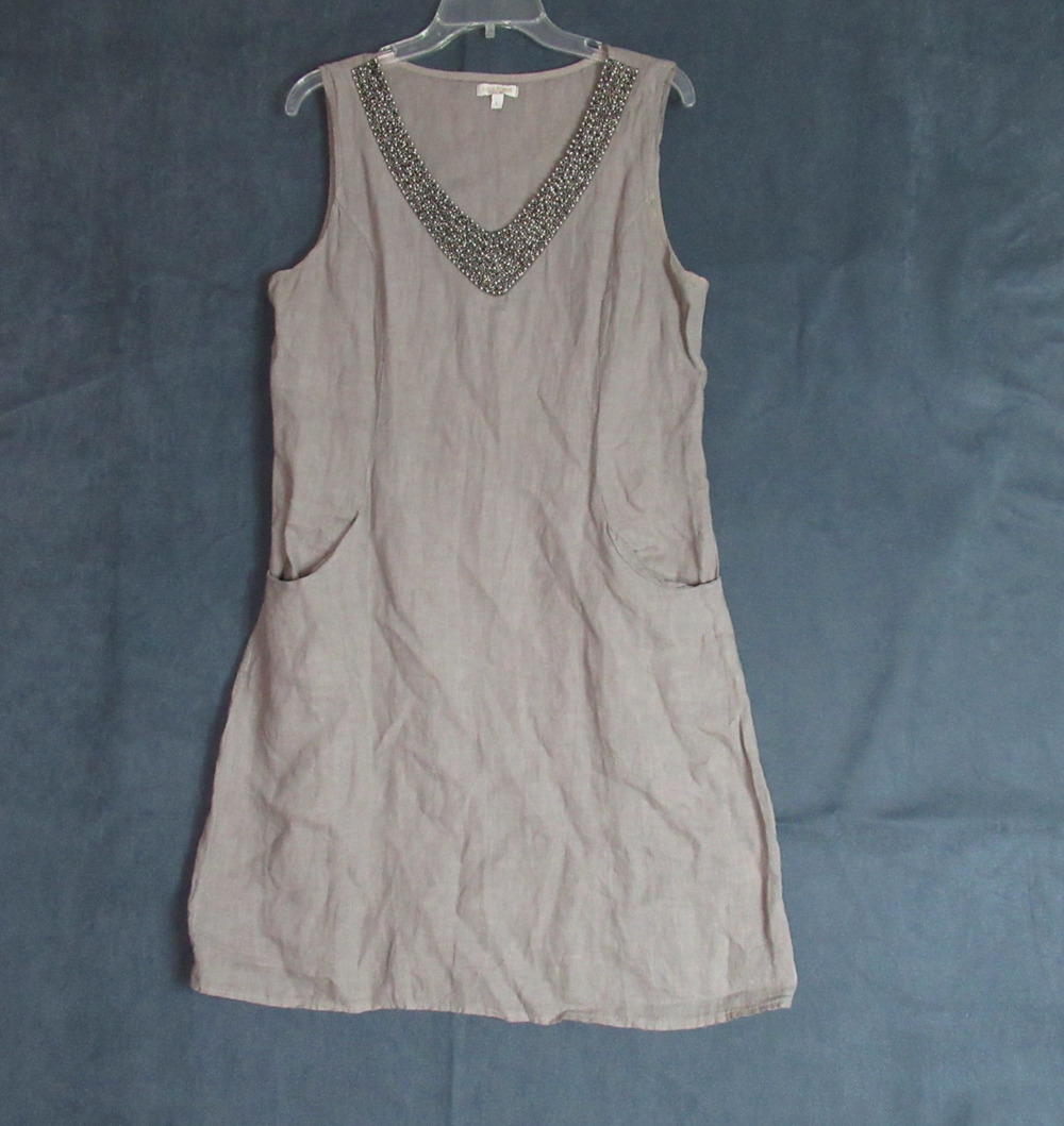 Lina Tomei Dress Large Taupe Linen Beaded Stretch Knit Career Sustainable Italy